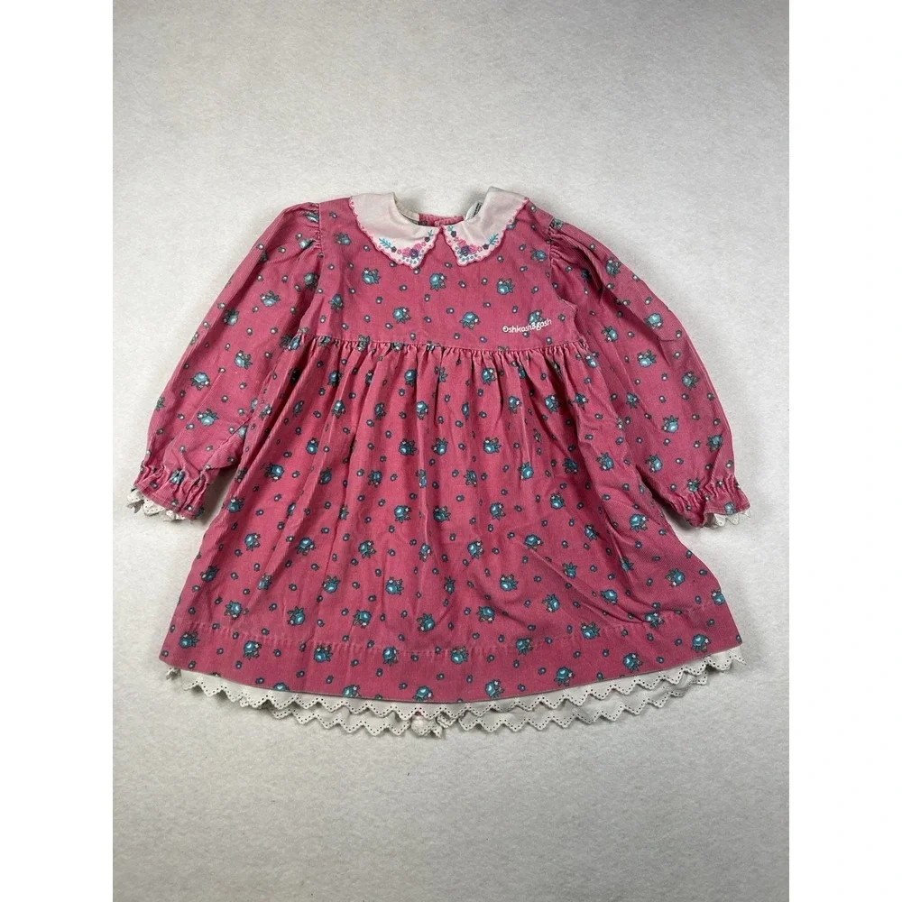 Vintage Oshkosh B'Gosh Size‎ 5 Pink Floral Corduroy Dress Eyelet Lace Trim